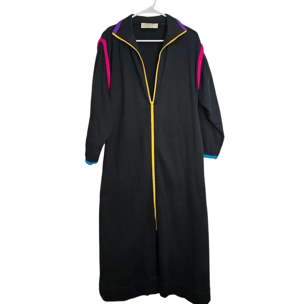 David Brown Boutique Zip Front Robe Long Lounge Coat Medium Black Color Trim